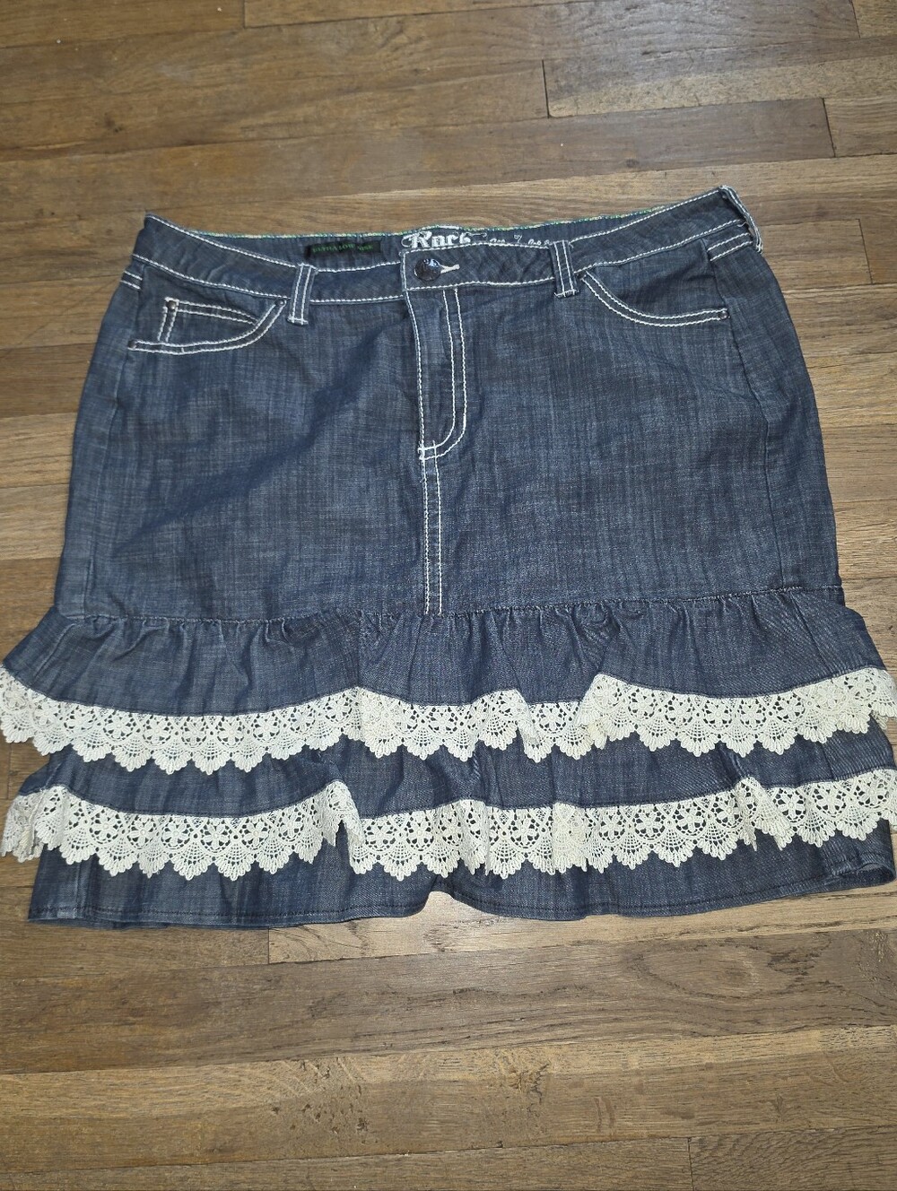 Denim Pencil Skirt with Cream Lace Trim